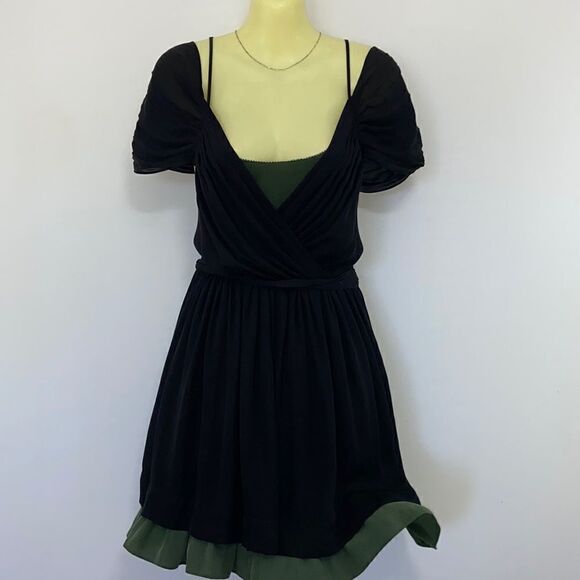 Joie Dress Silk Chiffon Two Tone Black Green Cold Shoulder Sz M Excellent - Picture 1 of 9